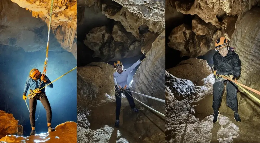 imagem com 3 pessoas descendo de rapel na caverna do diabo